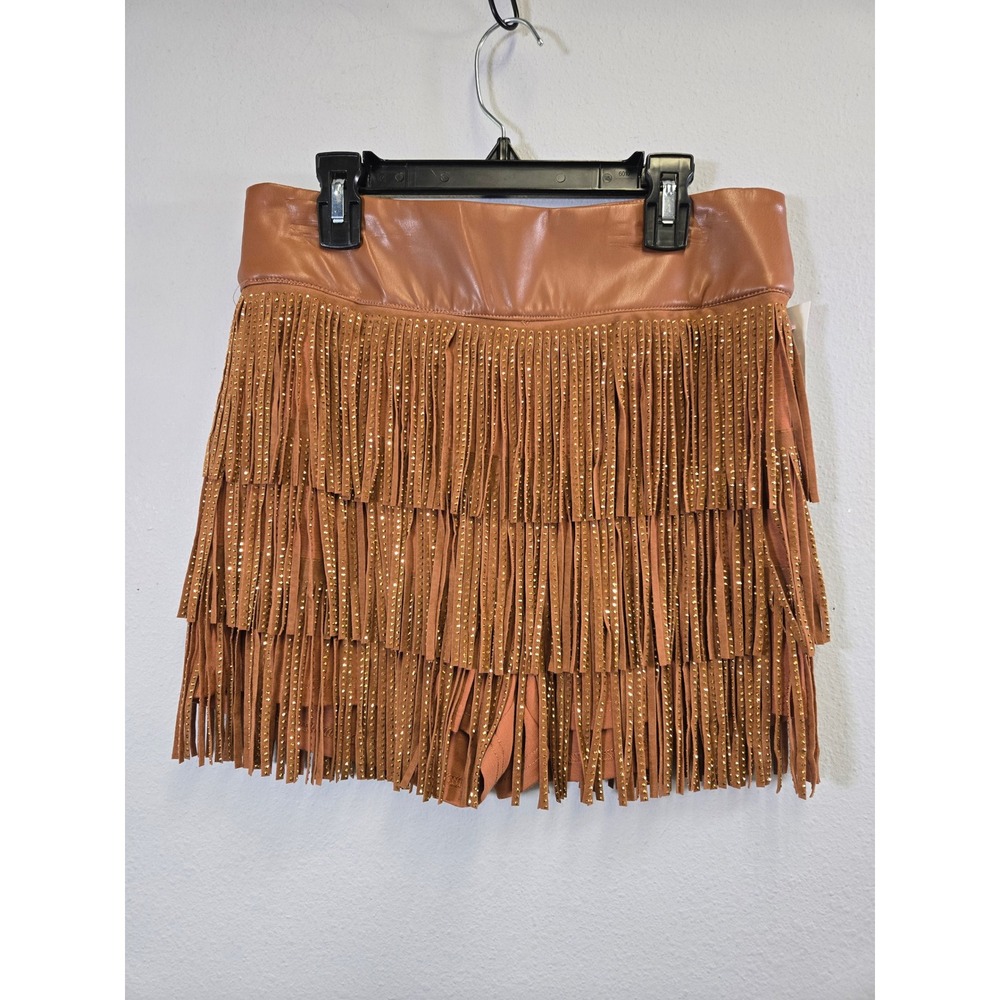 Blue B. Collection Western Studded Fringe Faux Leather Skort Brown Small